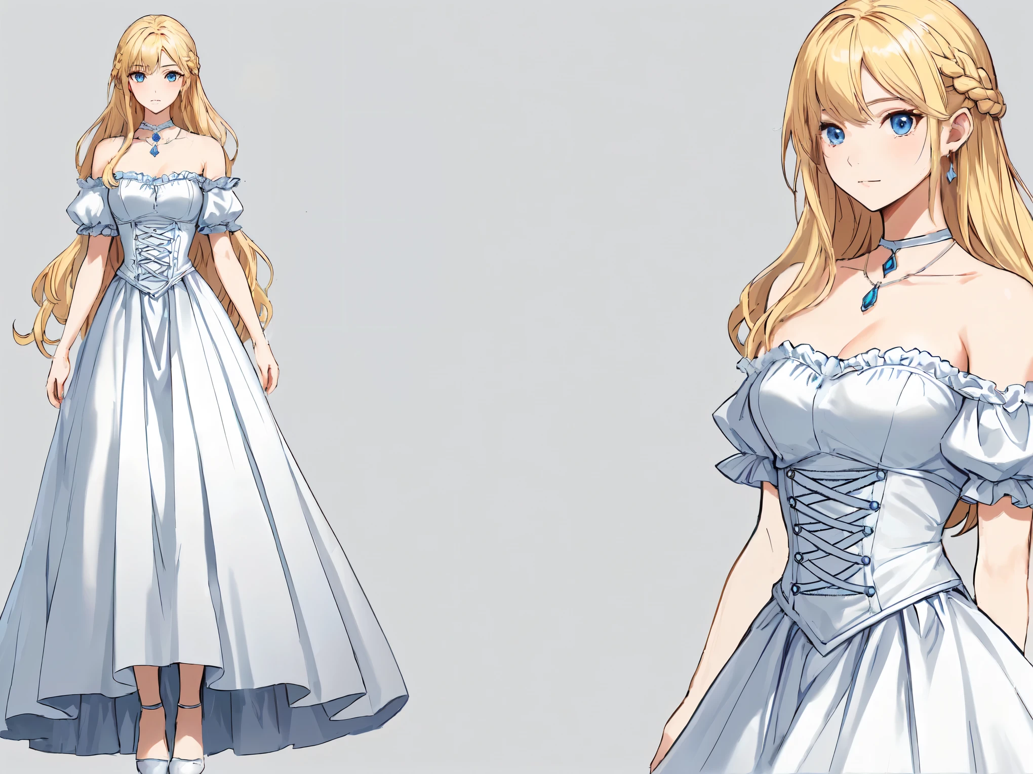 Closed legs, Man, main character, attractive appearance, elaborate details, elaborate poses, Masterpiece, Human girl, beautiful girl, girl, sweet girl, (blue eyes), bright blue eyes, yellow hair, blonde hair, blonde, long hair, wavy hair, anime style, 4k image, everything body, simple background, white background, list of characters. perfect face, red eyes. earrings. Details, Front view, Back view, Full-length, Dress, Fancy dress, Ball gown, Cute dress, Puffy dress, Dress with a very long skirt, Dress with a fluffy petticoat, Dress with gooseberries, Lace, light-colored dress, Long dress, Princess dress, Pre-made dress, Dress with a wide skirt, The Middle Ages, Fantasy, Anime. ((masterpiece, highest quality)), detailed face, full-length character design, many details, very detailed, deep, many angles, detailed faces.