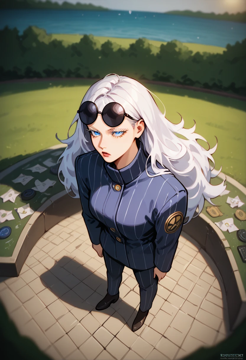 punctuation_9, punctuation_8_High above, punctuation_8, best qualityer,work of art,4K,very aesthetic,no censure,assessment_explicit,assessment_questionable, アニメ_fountain, gojou satora, gender swap \(mtf\), long hair, White hair, blue colored eyes, Depth of field, stunning color, (white eyelashes:1.5), female focus, break, 1 girl, mellow, gazing at viewer, (Glasses on the head, round glasses), ssmile, Grinning, Grinning, forest background, trench coat, Striped culotte pants, break, Animado pela DreamWorks Animation, disheveled hair, perfect composition, break,cinematic lighting and shadow, dynamic pose, Expressive, face perfect, perfectbody,(work of art), (best qualityer), (ultra detali), very aesthetic,very detailled, high detailed texture, 8K,