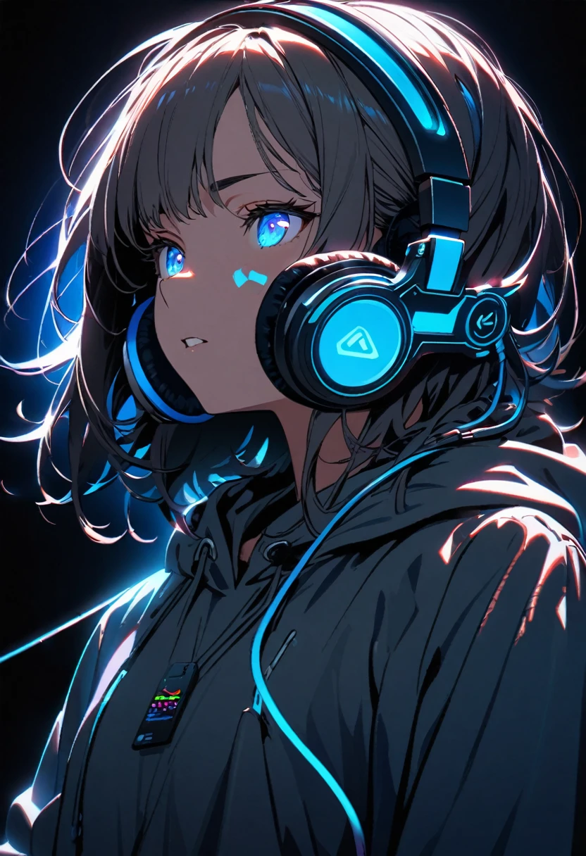 Super detailed,1 Girl, alone, hoodie, Facial Contour, headphone, RGB lighting headphones, headphones with blue lighting, headphone with cable