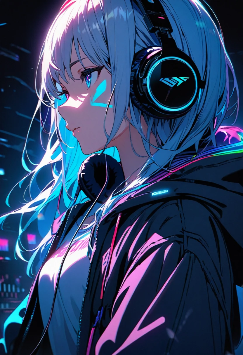  Super detailed,1 Girl, alone, hoodie, Facial Contour, headphone, RGB lighting headphones, headphones with blue lighting, headphone with cable