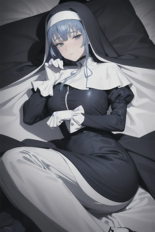 Mature women, nun, 1girl, solo, blue nun outfit, puffy sleeves, blue cape, long skirt, white gloves, long deep black veil, vail cover her face,(look at viewer), vail covered face, (perfect skin),(no emotion ), anime, room, bedroom, sexy pose, lying down