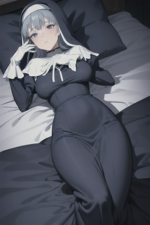 Mature women, nun, 1girl, solo, blue nun outfit, puffy sleeves, blue cape, long skirt, white gloves, long deep black veil, vail cover her face,(look at viewer), vail covered face, (perfect skin),(no emotion ), anime, room, bedroom, sexy pose, lying down