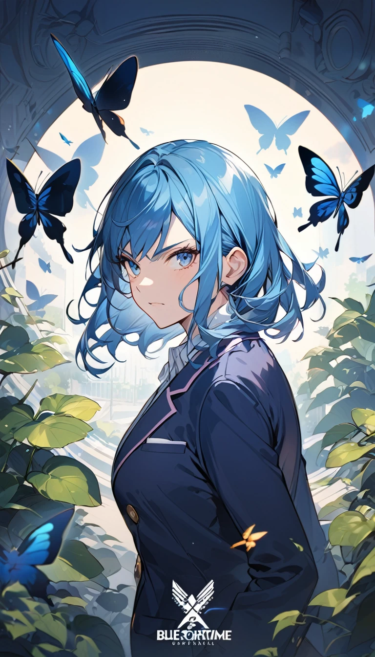 Woman,matured,School,Uniform,blazer,logo,blue hair,blue eyes,calm serious expression,butterflies in the background