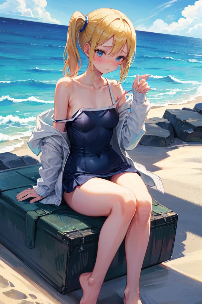 School Swimsuit,,Blushing、Blonde、ponytail、Pale blue eyes、Head to toe full body、Blushing、Embarrassed look、Composition from the front、A view from slightly below、school swimwear、Acme Face、Random pose、, 、nsfw、Highest quality、1 girl、solo、Ocean、Sandy Beach、Sexy pose、Random pose、Blushing、Wet、Embarrassed、I can see half of my 、、One piece swimsuit、(Strap slip:1.3)、School Swimsuit