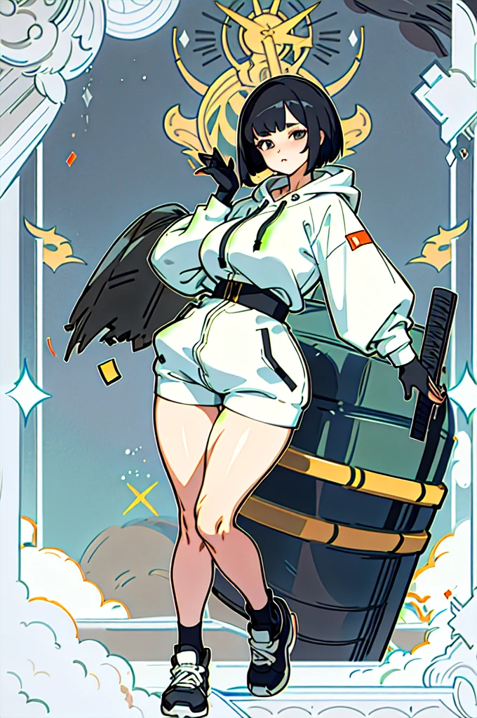 masterpiece、Highest quality、8K、One Woman、((Head to Toe、Are standing))、cat suit、hoodie、Wearing a hood、Bob Haircut、Black Hair、Dark Eyes、Stocky build、Large Breasts、Waistline、Big Ass、Plump thighs、sneakers
