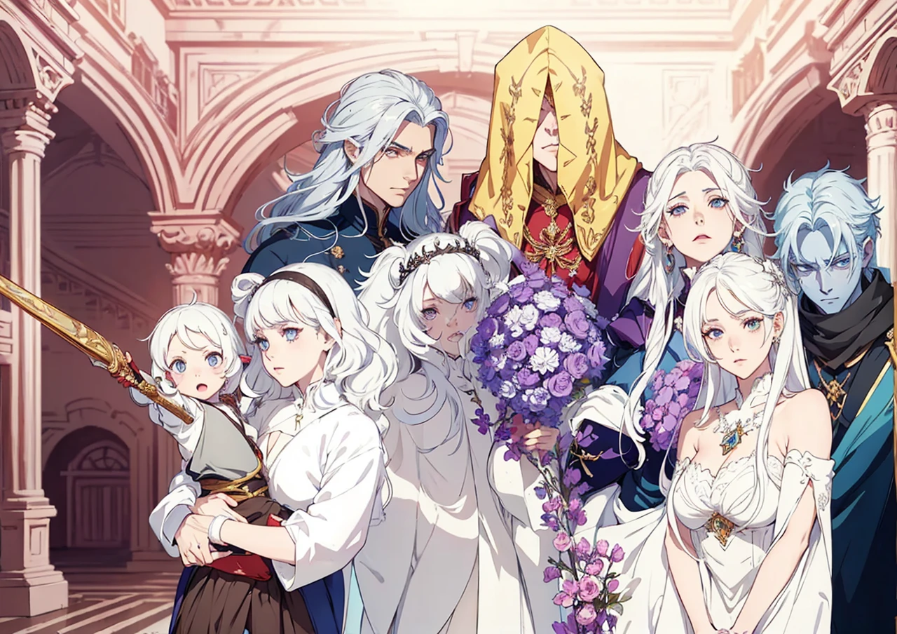 Royal family Palace fund Symmetrical bodies No errors Good quality 

um grupo de pessoas com white  hair e roupas brancas segurando espadas, a character portrait of Kamagurka, PIXIV, serial art, anime in fantasy style, harem, highly detailed exquisite fanart, coriolios RPG art style, white  hair, wisdom friend anime, de white  hair, dnd fantasy art, high quality fanart, detailed fanart