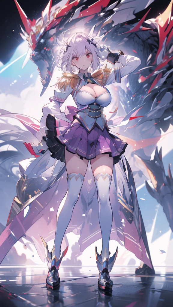 (full body),masterpiece, Highest quality, High resolution, male, short hair, Hello, Red eyes, Large Breasts, Cleavage, Epaulettes, White gloves, - Elbow hand pockets, Purple Skirt, Knee socks, Cowboy Shot, (Pose in front)，straight, street，Low Angle，Downから，Down
