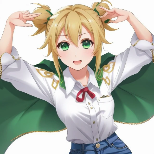 score_9, score_8_superior, score_7_superior, score_6_superior, score_5_superior, score_4_superior, sauce_anime, One girl, Blonde, Hair Bun, Green Eyes, ww chain, Spread your arms, Messy Hair, White shirt, Jeans pants, Dungeons, Highest quality, Highest resolution, 4k uhd,
 