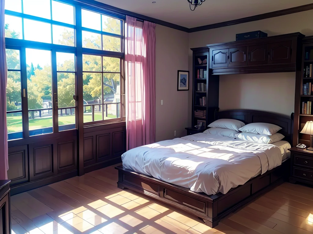 8KHD图片,8K quality of riverside willow landscape,best quality,masterpiece,HD,Super rich detail,detailed,Cosy bedroom,Big windows,Floor-to-ceiling windows,Big bed,notebook,There is a cabinet next to it,There are chairs,There are flowers,There is a wardrobe,There is a table and chairs,There are a lot of books,There was a full queen size bed,The body is very comfortable,extremely clean,Very informative,Big windows,The view from the window,There is a staircase connection,There is a ladder indoors,ladder,超HD逼真,Pink,Strong sense of reality,There is a ladder in the room,The key is to have a ladder,