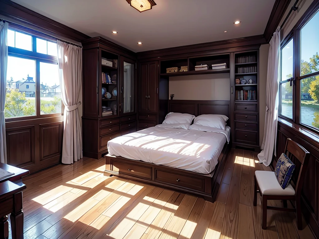 8KHD图片,8K quality of riverside willow landscape,best quality,masterpiece,HD,Super rich detail,detailed,Cosy bedroom,Big windows,Floor-to-ceiling windows,Big bed,notebook,There is a cabinet next to it,There are chairs,There are flowers,There is a wardrobe,There is a table and chairs,There are a lot of books,There was a full queen size bed,The body is very comfortable,extremely clean,Very informative,Big windows,The view from the window,There is a staircase connection,There is a ladder indoors,ladder,超HD逼真,Pink,Strong sense of reality,There is a ladder in the room,The key is to have a ladder,