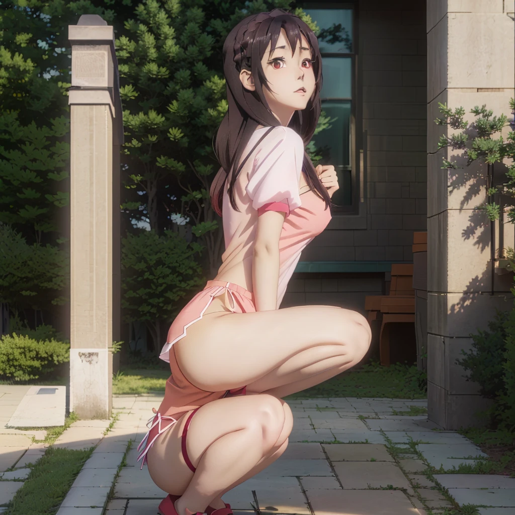 Konosuba Yunyun,Anime girl in red panties standing in front of a window., , with a park in the background, Thick, park in the background, a Hyper realistic , crouched, in a park, in a park, in the yard, beautiful anime girl squatting, Hyper realistic , in the park, the anime girl is crouching