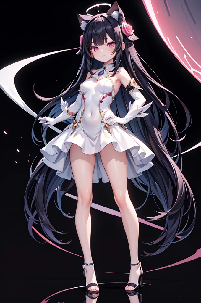 Ultra high quality, ultra high anatomy, 4K, masterpiece, cute, glamor, a short girl is standing with hand on her hip, black hair, long hair, straight hair, symmetrical bangs, pink eyes, smirk, medium breasts, wide hips, medium thighs, white long dress, white elbow gloves, black open-toe heels