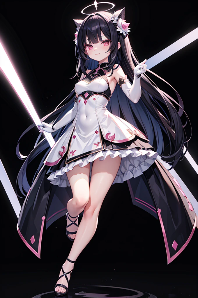 Ultra high quality, ultra high anatomy, 4K, masterpiece, cute, glamor, a short girl is standing with hand on her hip, black hair, long hair, straight hair, symmetrical bangs, pink eyes, smirk, medium breasts, wide hips, medium thighs, white long dress, white elbow gloves, black open-toe heels