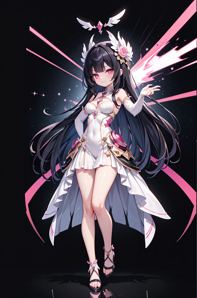 Ultra high quality, ultra high anatomy, 4K, masterpiece, cute, glamor, a short girl is standing with hand on her hip, black hair, long hair, straight hair, symmetrical bangs, pink eyes, smirk, medium breasts, wide hips, medium thighs, white long dress, white elbow gloves, black open-toe heels