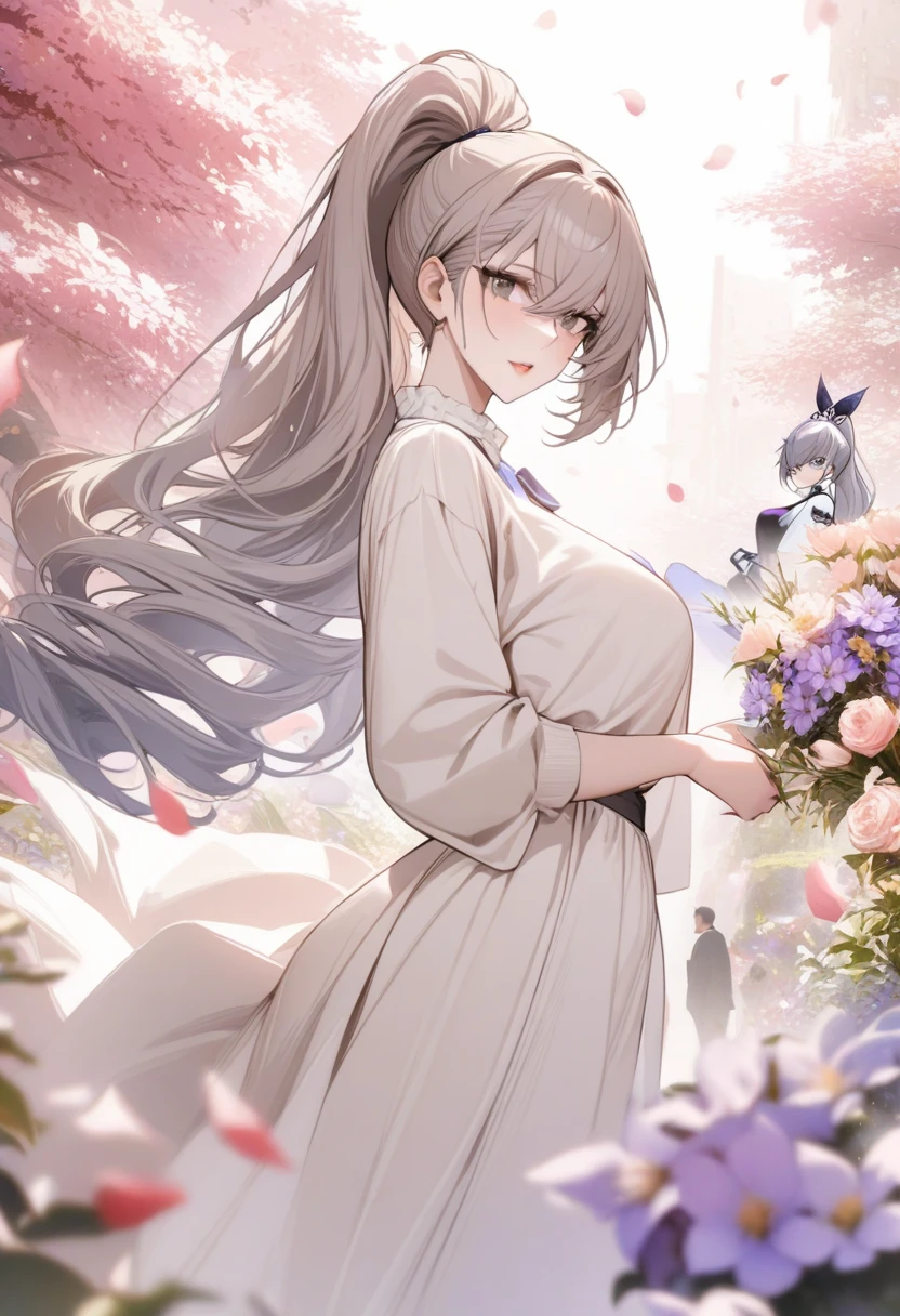 masterpiece, Highest quality, so beautiful, Absurd, One girl, mature_Lady, ,Silver_Wolf, Grey Eyes, High Ponytail,,Surrounded by flowers,fall_petal, Outdoor, petal,,,Blur the background,Background blur,Floating Hair,