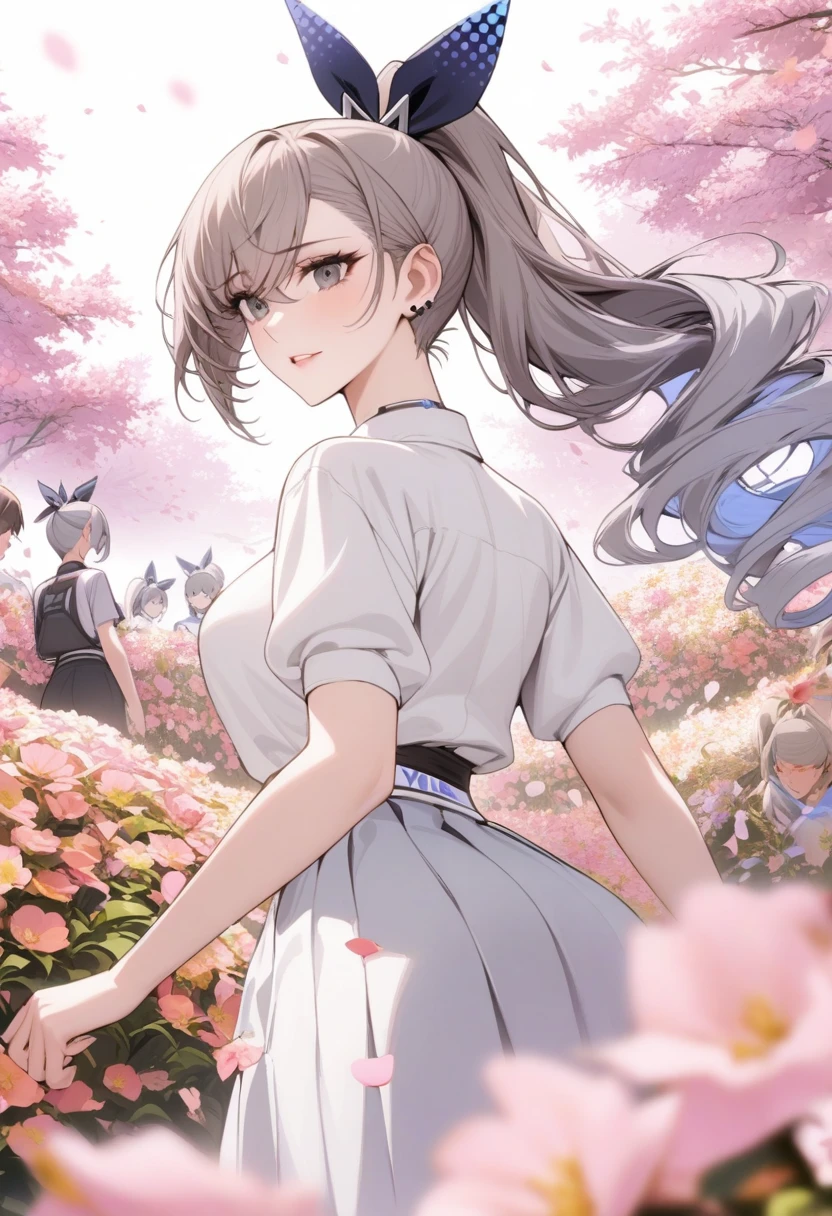 masterpiece, Highest quality, so beautiful, Absurd, One girl, mature_Lady, ,Silver_Wolf, Grey Eyes, High Ponytail,,Surrounded by flowers,fall_petal, Outdoor, petal,,,Blur the background,Background blur,Floating Hair,