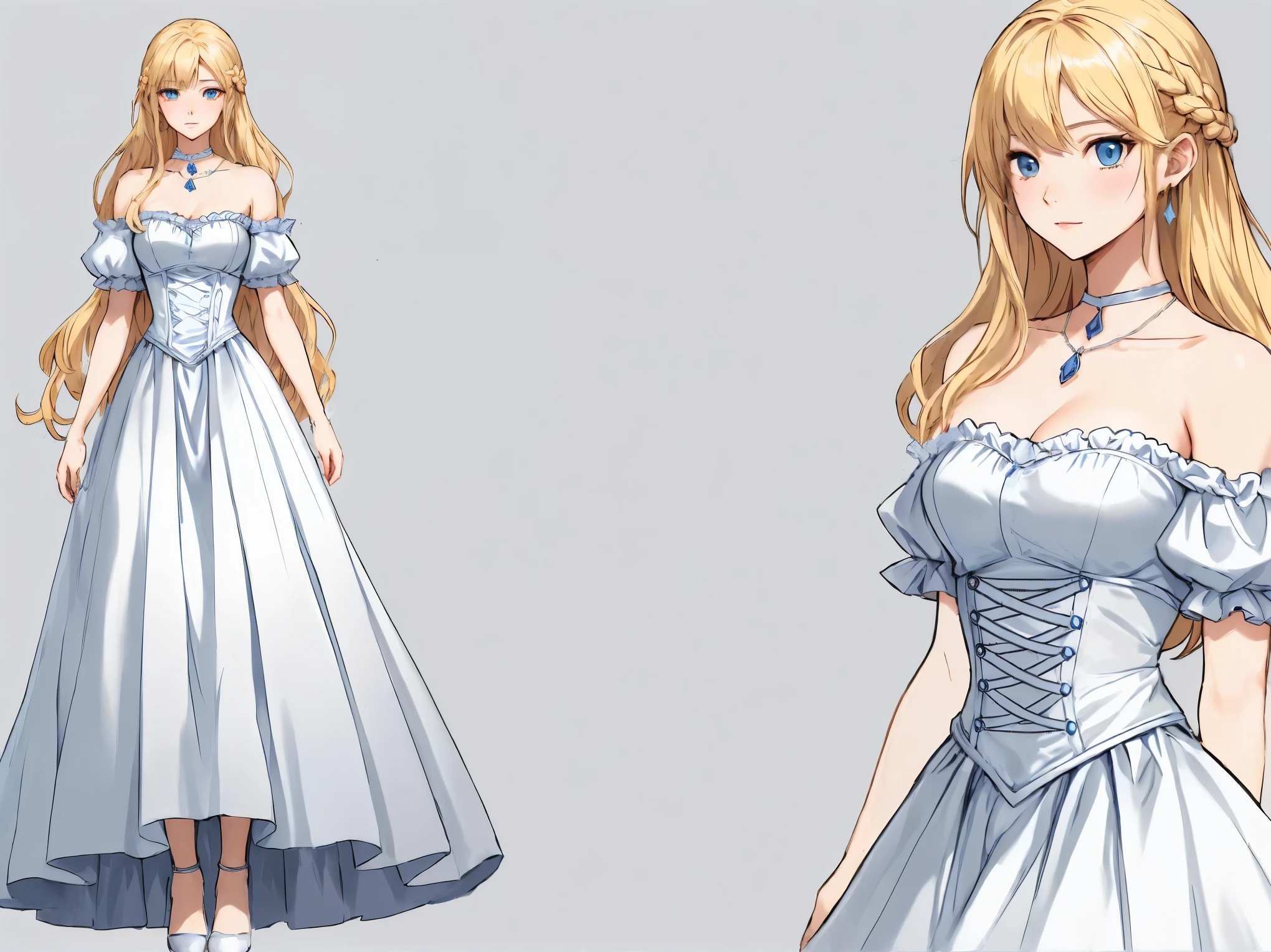 anime style rendering of a woman in a blue dress with a tie, cute anime waifu in a beautiful dress, in a dress, Kushart Krenz Kay Art for women, detailed drawing of an anime character, Anime girl blonde with long hair, beautiful anime character design, female anime character, anime style like fate/stay the night, anime full body illustration