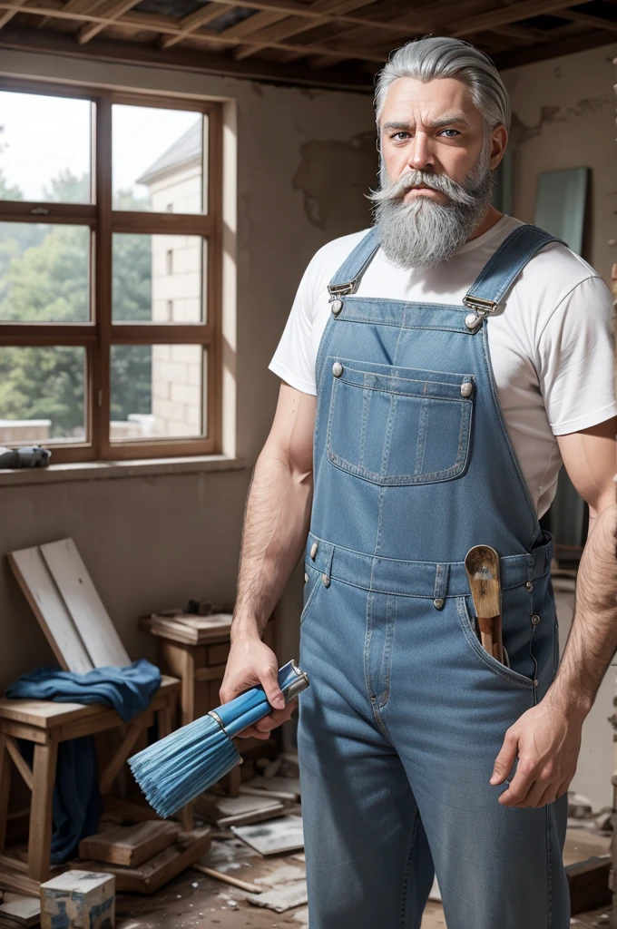 Character with blue eyes gray hair strong beard with paint roller and tools in overalls with background of a mansion under renovation 