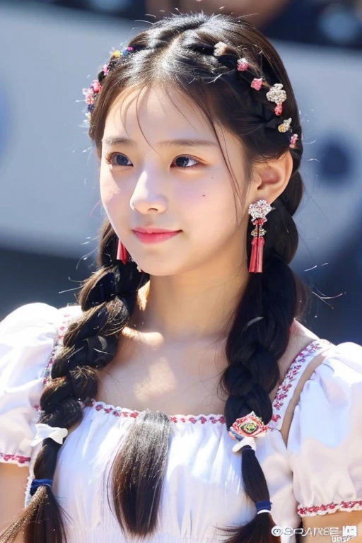 Korean girl with princess braids. Ribbons on her hair. Mole under left eye. Earrings. Wearing a pretty stage outfit.
