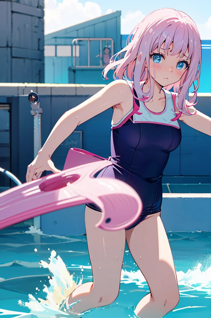 school swimwear、Acme Face、Random pose、, Medium Hair、、Pale blue eyes、Pink Hair、nsfw、Highest quality、1 girl、solo、Ocean、Sandy Beach、Sexy pose、Random pose、Blushing、Wet、Embarrassed、I can see half of my 、、One piece swimsuit、(Strap slip:1.3)、School Swimsuit、school swimwear