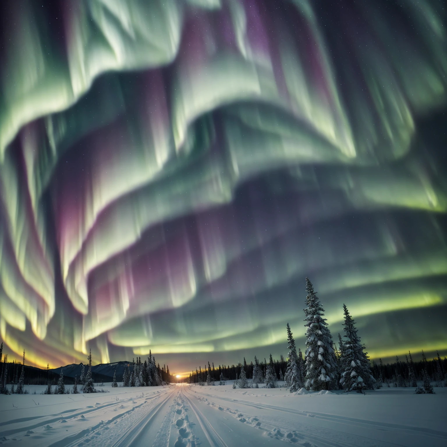 arafed view of a snowy road with a bright green aurora bore, a matte painting by Christopher Balaskas, pexels, fantastic realism, blue aurora, 🌲🌌, northern lights, with aurora borealis in the sky, aurora in the sky, aurora borealis in the sky, aurora borealis, beautiful wallpaper, northern lights background