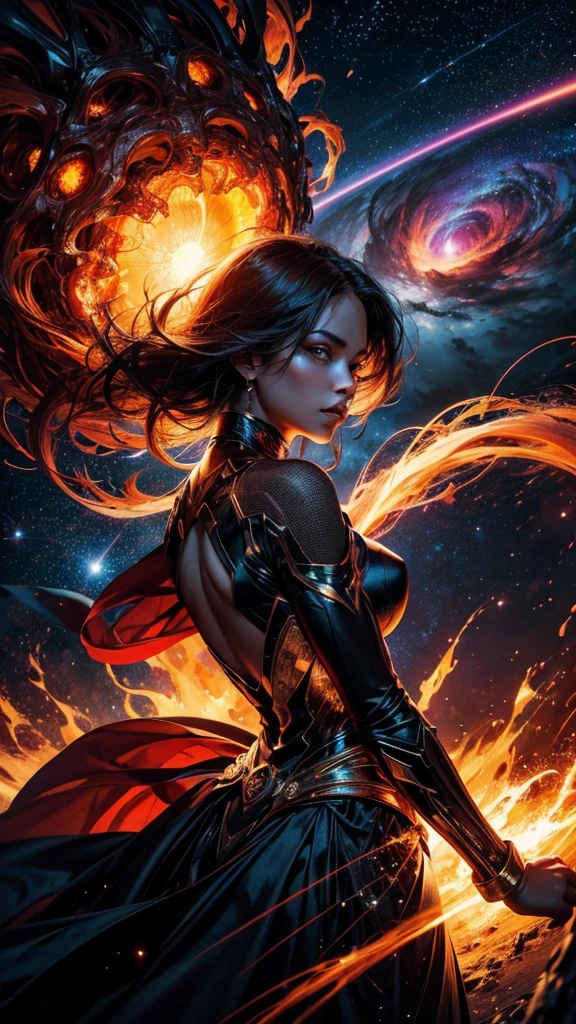 A spectacularly igniting supernova shines brightly amidst the darkness of space, captivatingly watched by an enigmatic woman. The explosion of colors and light creates a mesmerizing display in the image, which is most likely a breathtaking digital artwork. The vivid explosion painted in vivid shades of crimson, gold, and electric blue, beautifully contrasts against the woman's shadowed figure, adding a sense of mystery and wonder to the scene. The clarity and detail in this visually stunning composition bring the celestial event to life, leaving viewers in awe of its beauty and power.