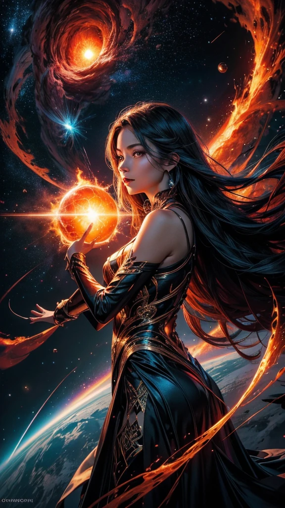 A spectacularly igniting supernova shines brightly amidst the darkness of space, captivatingly watched by an enigmatic woman. The explosion of colors and light creates a mesmerizing display in the image, which is most likely a breathtaking digital artwork. The vivid explosion painted in vivid shades of crimson, gold, and electric blue, beautifully contrasts against the woman's shadowed figure, adding a sense of mystery and wonder to the scene. The clarity and detail in this visually stunning composition bring the celestial event to life, leaving viewers in awe of its beauty and power.