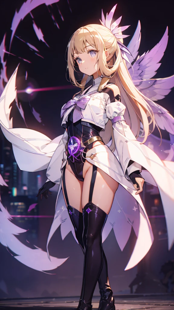 (Highly detailed CG), (Highest quality),(full body)， 1 Girl,alone, Grey Eyes,Long Hair, Blonde,Purple Dress,Wide white sleeves,Purple ribbon,Purple Stockings,hair ornaments,Bare shoulders,Removed sleeve, Black gloves, Blunt bangs, Magical girl, Perfect Face,  Shiny skin, Shiny skin, Wide Hips,Tight waist,leotard，Very Boots，Elbow Bag,1 Girl, Long Hair, sunset，Octane