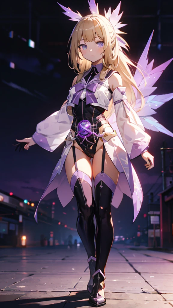 (Highly detailed CG), (Highest quality),(full body)， 1 Girl,alone, Grey Eyes,Long Hair, Blonde,Purple Dress,Wide white sleeves,Purple ribbon,Purple Stockings,hair ornaments,Bare shoulders,Removed sleeve, Black gloves, Blunt bangs, Magical girl, Perfect Face,  Shiny skin, Shiny skin, Wide Hips,Tight waist,leotard，Very Boots，Elbow Bag,1 Girl, Long Hair, sunset，Octane