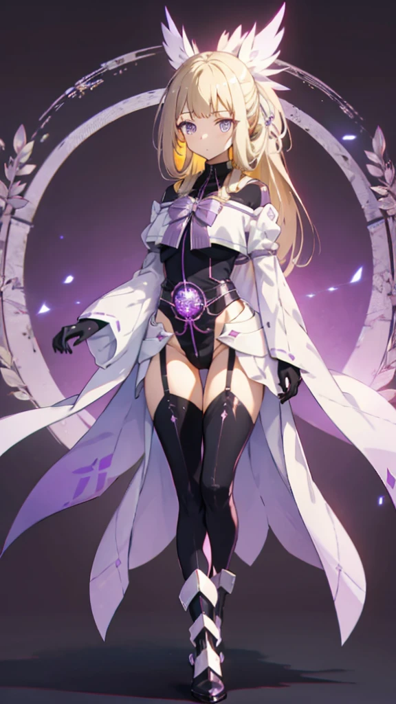 (Highly detailed CG), (Highest quality),(full body)， 1 Girl,alone, Grey Eyes,Long Hair, Blonde,Purple Dress,Wide white sleeves,Purple ribbon,Purple Stockings,hair ornaments,Bare shoulders,Removed sleeve, Black gloves, Blunt bangs, Magical girl, Perfect Face,  Shiny skin, Shiny skin, Wide Hips,Tight waist,leotard，Very Boots，Elbow Bag,1 Girl, Long Hair, sunset，Octane