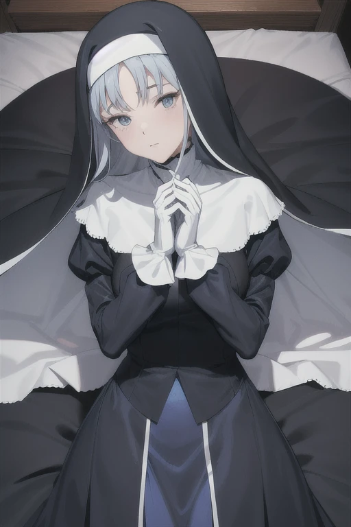 Mature women, nun, 1girl, solo, blue nun outfit, puffy sleeves, blue cape, long skirt, white gloves, long deep black veil, vail cover her face,(look at viewer), vail covered face, (perfect skin),(no emotion ), anime, room, bedroom, sexy pose