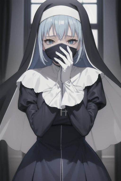 Mature women, nun, 1girl, solo, blue nun outfit, puffy sleeves, blue cape, long skirt, white gloves, long deep black veil, vail cover her face,(look at viewer), vail covered face, (perfect skin),(no emotion ), anime, room, bedroom, sexy pose
