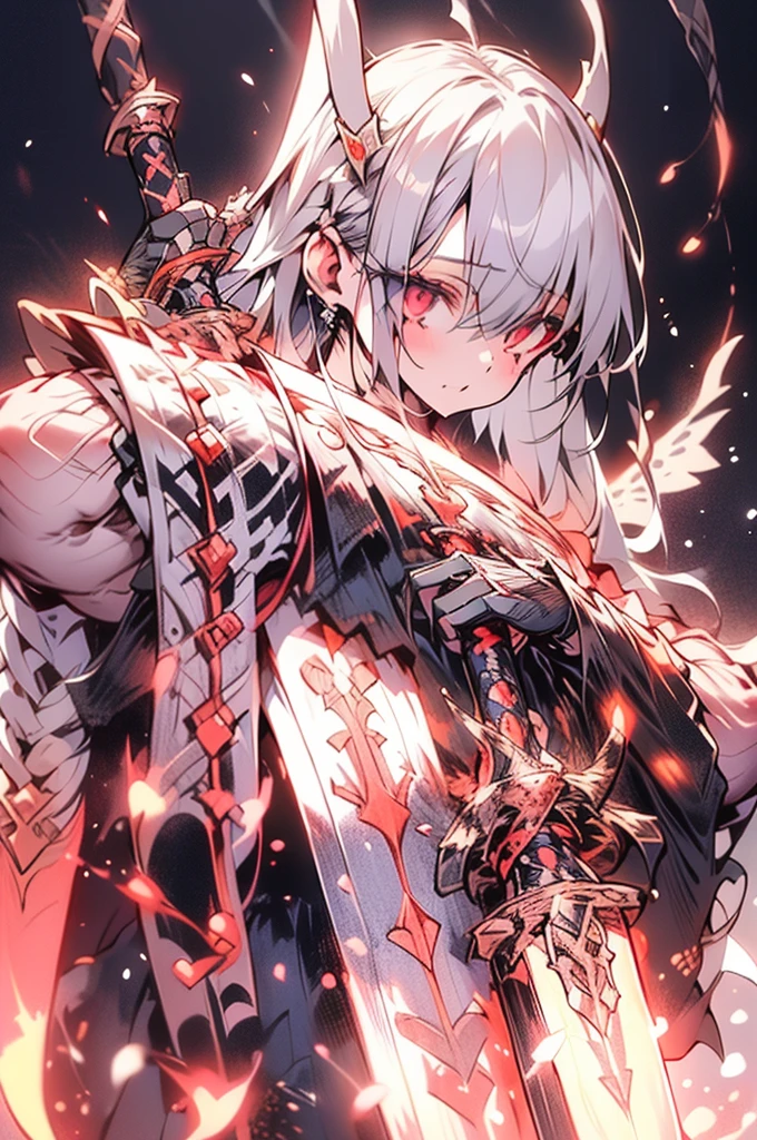 Evil white-haired demon, Holding a chain sword, Sexy Outfit, Heterochromia eye, Black，loimu, Fantasy background