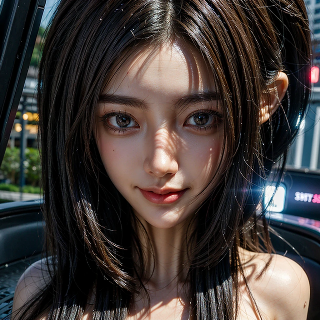((best quality)), ((masterpiece)), (detailed), 1girl, sexy,selfie,cyber punk,The background is a futuristic city after the rain, the mobile phone has a super futuristic design,facing forward, smiling,I put both hands out in front of me,long shot,face facing forward,