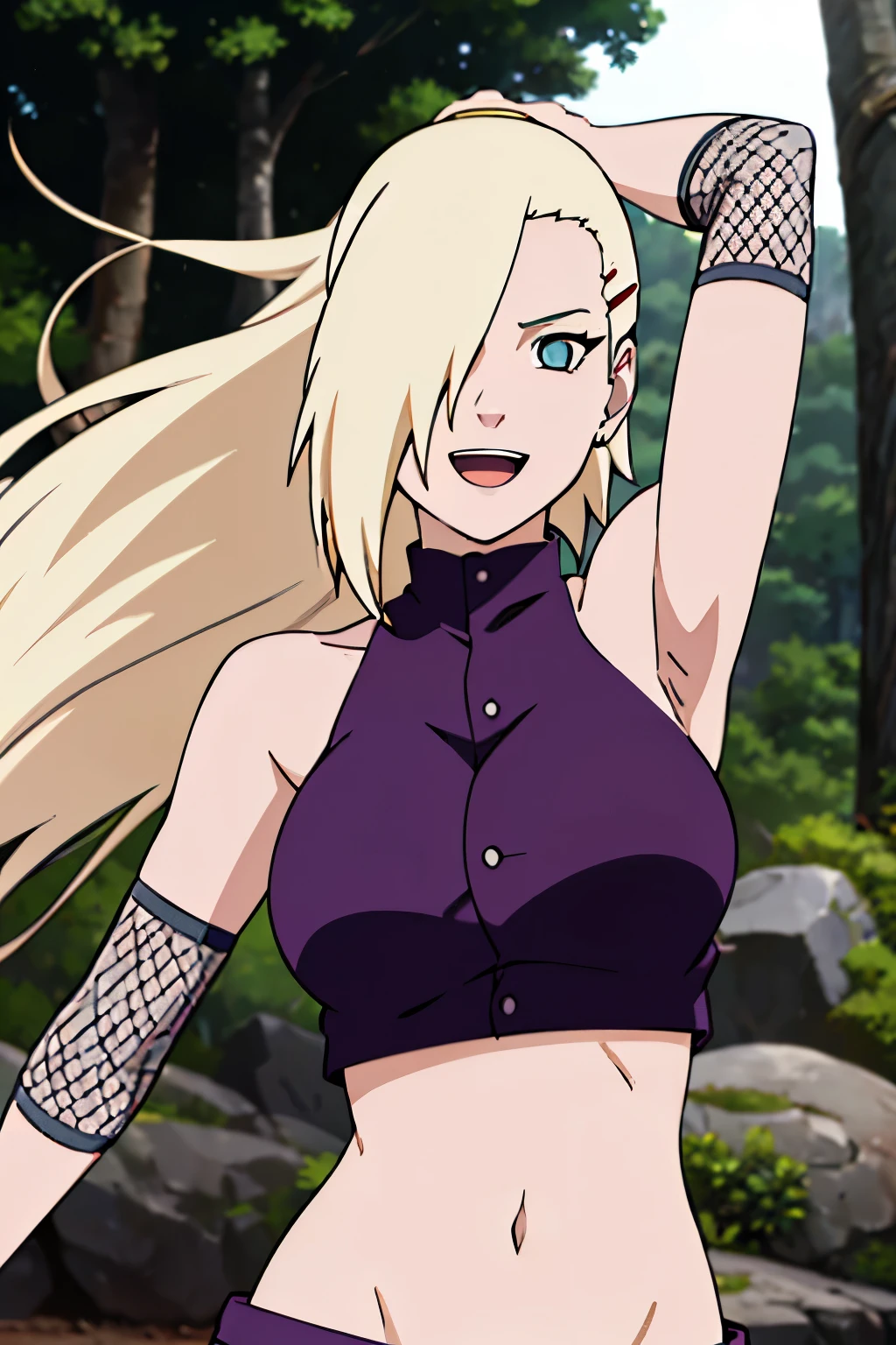 (one arm up), Ino yamanaka, looking at the viewer, gorgeous, attractive, groin, cowboy shot, ultra detailed face, sunny day, day time, upper body view, anime style, solo, detailed flower field, blonde, (focus on face), ((one eye covered with hair, hair over eye)), medium breasts, belly button, looking at the viewer, thick arms, (off-shoulders, wide shoulders, curving body), hidden eye, smile, open mouth, very happy, tall, hair clip, sharp look, sharp face, sharp eye, cold colors,