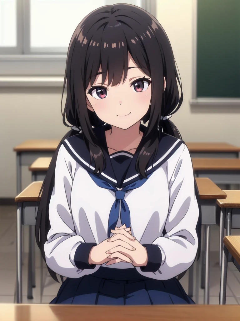 1girl, sitting, own hands together, spread fingers, hands in front of chin, (head tilt), smile, ,
classroom, indoors, school chair, school desk, (low twintails girl), low pigtails, hair ribbon white, very long black hair,
white serafuku with blue ribbon, navy-blue collar, navy-blue skirt,
(dark brown eye), afternoon, summer,
school,
(from front:1.4), upper body,
anime, high brightness, detailed face, detailed eyes,
(high quality, ultra detailed, masterpiece, FHD)