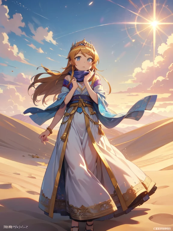 (masterpiece, Highest quality:1.1), (Desert Princess), kirino kousaka, 1 Girl, alone, Gold embroidery, Kaftans,Turbaned, scarf, jewelry, Circlet, 額のjewelry, Elegant robes, satin, Veil, gem, tiara, Arabian Style, Desert Landscape, carpet, Hair blowing in the wind, Shining, Sunset, oasis, silk, Sparkling Eyes, Sand Dunes