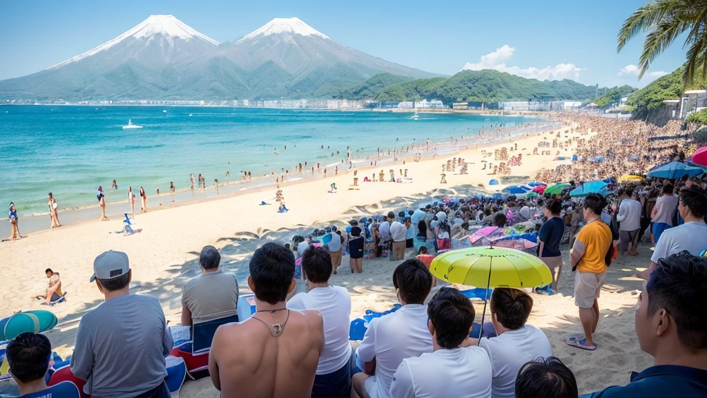 masterpiece, best quality, ultra-detailed, detailed scenery,  beautiful detailed eyes, Angle from the front, (Landscape Photography:0.9), 
Beach, (crowd of men:1.4), (4 Japanese men looking at the viewer short distance away:1.6), wearing only swim trunks,

beach chairs, beach ball, Beach umbrellas a short distance away, (toy banana boat in the sea:1.1), 
