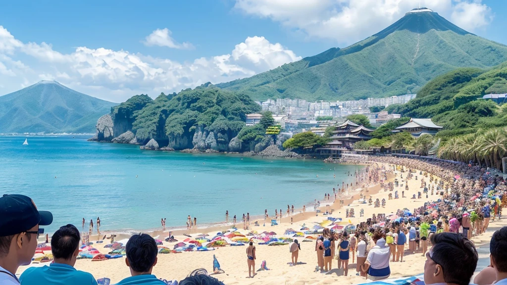 masterpiece, best quality, ultra-detailed, detailed scenery, beautiful detailed eyes, Angle from the front, (Landscape Photography:0.9),
Beach, (crowd of men:1.4), (4 Japanese men looking at the viewer short distance away:1.6), wearing only swim trunks,
beach chairs, beach ball, Beach umbrellas a short distance away, (toy banana boat in the sea:1.1),