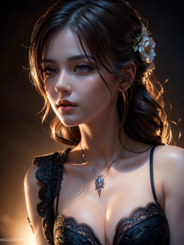 A mysterious beautiful woman, cleavage, small breasts, detailed face, beautiful eyes, detailed lips, long eyelashes,  cinematic lighting, dramatic shadows, highly detailed, 8k, ultra-detailed, hyper-realistic, photorealistic, masterpiece, digital art, fantasy, intricate details