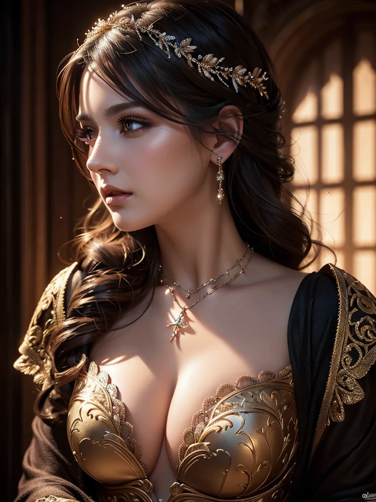 A mysterious beautiful woman, cleavage, small breasts, detailed face, beautiful eyes, detailed lips, long eyelashes, cinematic lighting, dramatic shadows, highly detailed, 8k, ultra-detailed, hyper-realistic, photorealistic, masterpiece, digital art, fantasy, intricate details