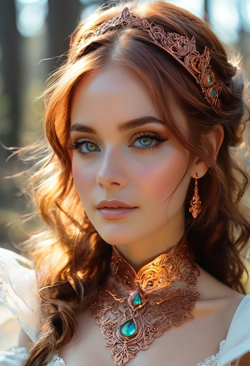 Steampunk inspired elven princess. copper wire necklaces and bangles. Crown of fine copper wire. copper coloured tatoos cover her face and body intricate and beautiful designs. LArge pointed ears that end in curlicues. Hands on hips. Ember colored eyes adorned with intricate copper wireing. a Pure white dress, hemmed with copper, covered in copper lace and filligree. cppper designs cover the skirt in a kaleidoscope of intricate copper designs. Background is magical verdant forrest. Her visage is a mesmerizing blend of Arial Winter, creating a unique, symmetrical face that exudes elegance and grace. Copper colores face tattoos. Copper colored are, and chest tatoos. Cozy, romantic lighting. Cheerful smile. Copper hair that shimmers and sparkles in the lights. Hourglass figure. copper lips. copper eye shadow.