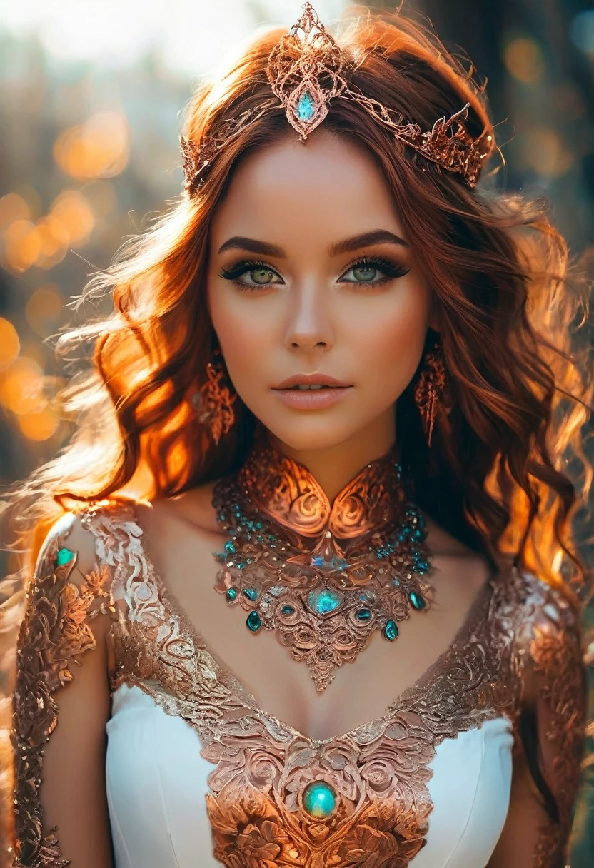 Steampunk inspired elven princess. copper wire necklaces and bangles. Crown of fine copper wire. copper coloured tatoos cover her face and body intricate and beautiful designs. LArge pointed ears that end in curlicues. Hands on hips. Ember colored eyes adorned with intricate copper wireing. a Pure white dress, hemmed with copper, covered in copper lace and filligree. cppper designs cover the skirt in a kaleidoscope of intricate copper designs. Background is magical verdant forrest. Her visage is a mesmerizing blend of Arial Winter, creating a unique, symmetrical face that exudes elegance and grace. Copper colores face tattoos. Copper colored are, and chest tatoos. Cozy, romantic lighting. Cheerful smile. Copper hair that shimmers and sparkles in the lights. Hourglass figure. copper lips. copper eye shadow.