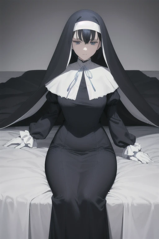 Mature women, nun, 1girl, solo, blue nun outfit, puffy sleeves, blue cape, long skirt, white gloves, long deep black veil, vail cover her mouth, vail covered face, (perfect skin),(no emotion ), anime, room, bedroom, sexy pose, laying back