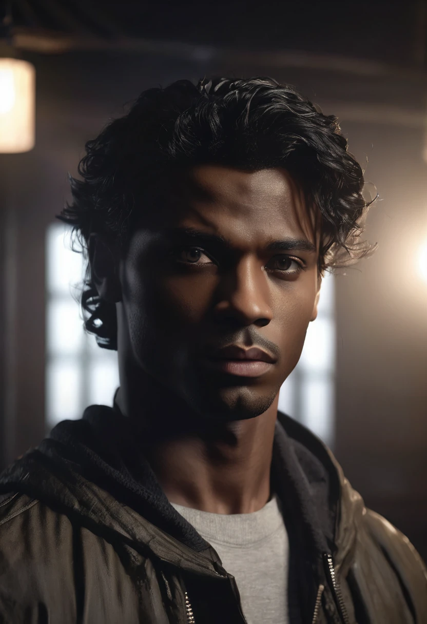 1 man, inside a dark house, wearing clothes in dark colors, simple and modern, detailed facial features, black male eyes, detailed light skin, dark wavy hair of medium length, strong and serious expression, dramatic lighting, cinematic composition, badboy , cold and dark , atmospheric fog, handsome face, thin chin, handsome man, masculine and handsome, 25 years old (best quality, 4K, 8K, high resolution, art: 1.2), ultra-detailed, (realistic, photorealistic, photorealistic: 1.37)