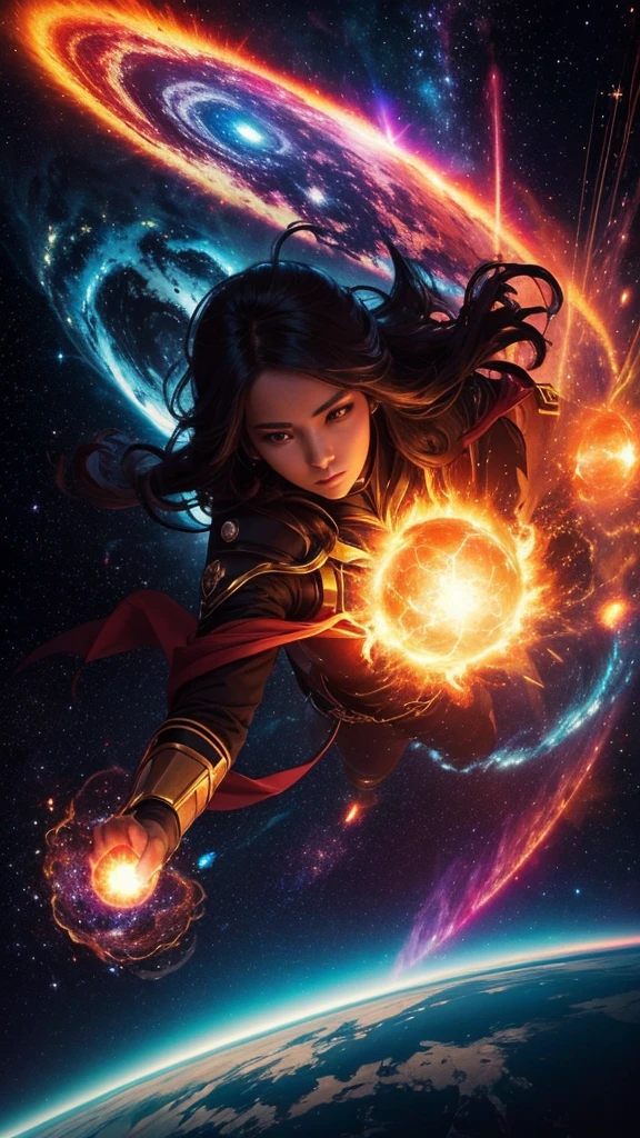 A spectacularly igniting supernova shines brightly amidst the darkness of space, captivatingly watched by an enigmatic woman. The explosion of colors and light creates a mesmerizing display in the image, which is most likely a breathtaking digital artwork. The vivid explosion painted in vivid shades of crimson, gold, and electric blue, beautifully contrasts against the woman's shadowed figure, adding a sense of mystery and wonder to the scene. The clarity and detail in this visually stunning composition bring the celestial event to life, leaving viewers in awe of its beauty and power.