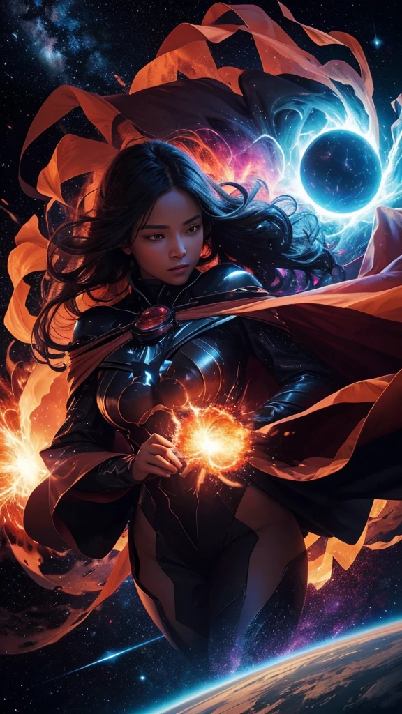 A spectacularly igniting supernova shines brightly amidst the darkness of space, captivatingly watched by an enigmatic woman. The explosion of colors and light creates a mesmerizing display in the image, which is most likely a breathtaking digital artwork. The vivid explosion painted in vivid shades of crimson, gold, and electric blue, beautifully contrasts against the woman's shadowed figure, adding a sense of mystery and wonder to the scene. The clarity and detail in this visually stunning composition bring the celestial event to life, leaving viewers in awe of its beauty and power.