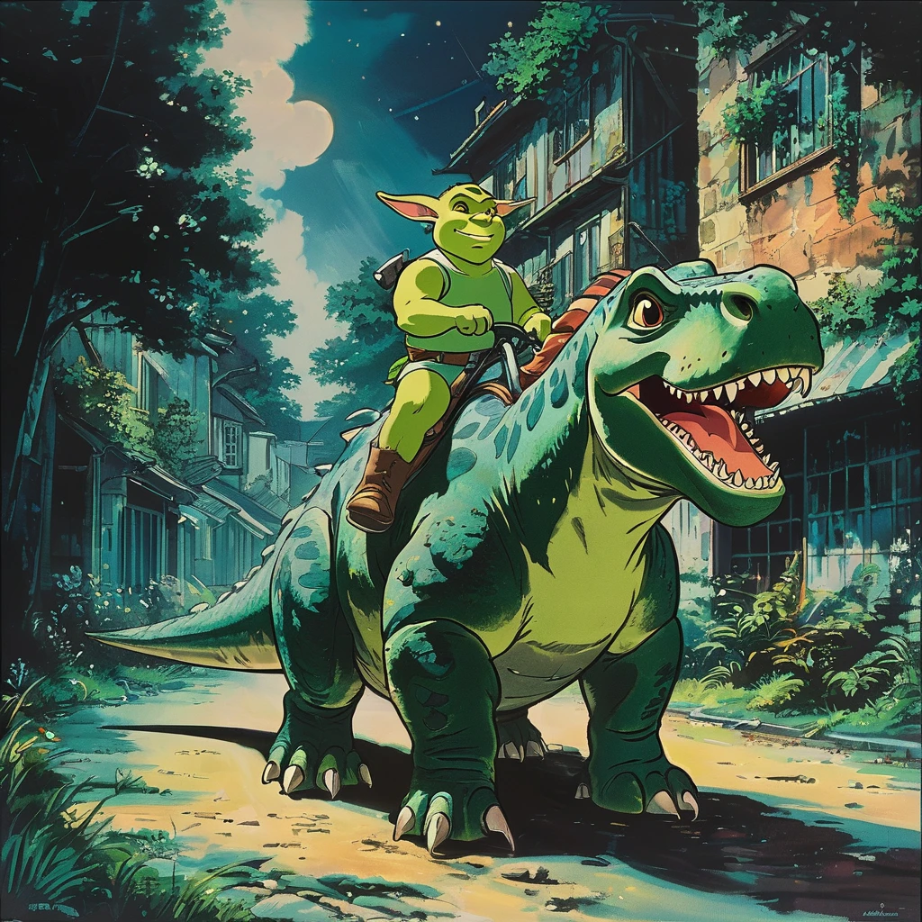 Striking vintage anime painting of Shrek riding a dinosaur on a night street highly detailed,   8K,   Spitz,  proffesional, clearing,   hight contrast, high saturation, deep, vivid blacks, crystal clearing