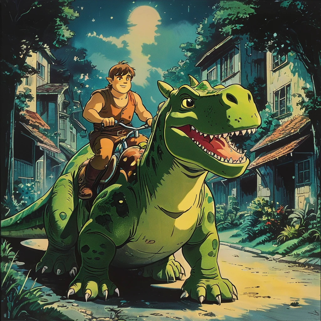 Striking vintage anime painting of Shrek riding a dinosaur on a night street highly detailed,   8K,   Spitz,  proffesional, clearing,   hight contrast, high saturation, deep, vivid blacks, crystal clearing