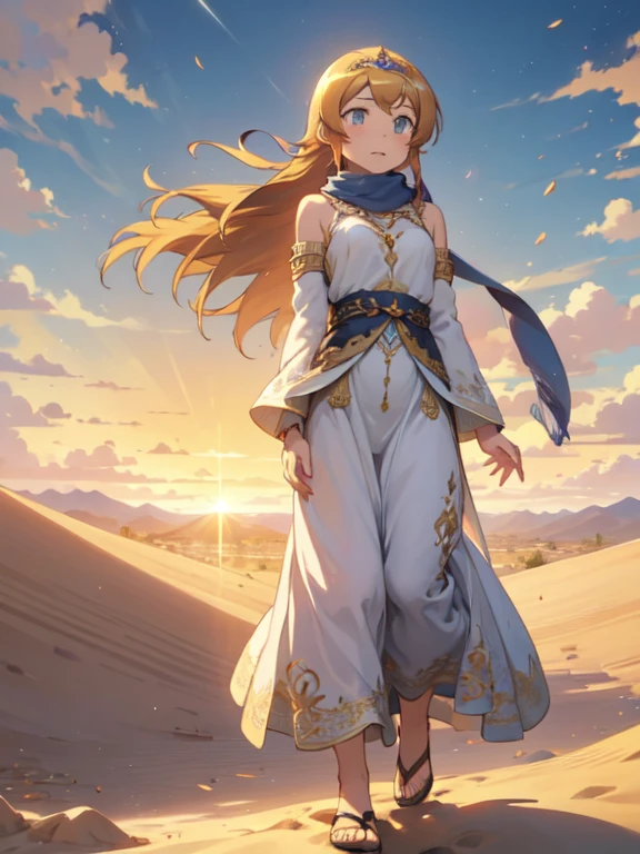 (masterpiece, Highest quality:1.1), (Desert Princess), kirino kousaka, 1 Girl, alone, Gold embroidery, Kaftans,Turbaned, scarf, jewelry, Circlet, 額のjewelry, Elegant robes, satin, Veil, gem, tiara, Arabian Style, Desert Landscape, carpet, Hair blowing in the wind, Shining, Sunset, oasis, silk, Sparkling Eyes, Sand Dunes